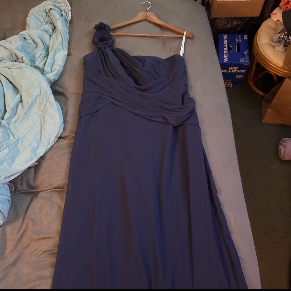 David's Bridal Midnight Blue One-Shoulder Gown